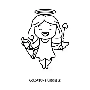 Dessin à colorier d’un Cupidon de dessin animé souriant avec un arc et une flèche