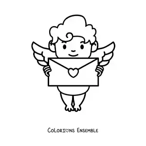 Dessin à colorier d’un Cupidon de dessin animé tenant une lettre d’amour