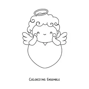 Dessin à colorier de Cupidon appuyé sur un cœur géant