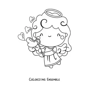Dessin à colorier d’un ange Cupidon avec des bulles en forme de cœur