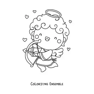 Dessin à colorier d’un ange Cupidon en train de tirer une flèche, entouré de cœurs