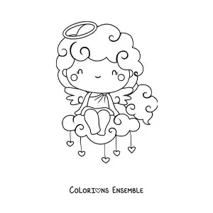 Dessin à colorier d’un ange Cupidon posé sur un nuage, entouré de cœurs