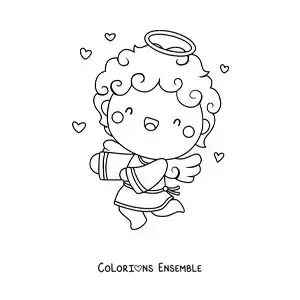 Dessin à colorier d’un ange Cupidon volant, entouré de cœurs