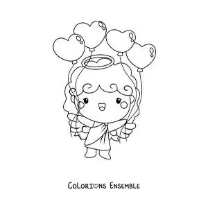 Dessin à colorier d’un ange Cupidon avec des ballons de la Saint-Valentin