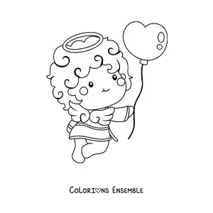Dessin à colorier d’un bel ange Cupidon de dessin animé avec un ballon de la Saint-Valentin