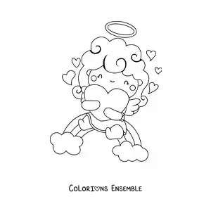 Dessin à colorier d’un ange Cupidon sur un arc-en-ciel, entouré de cœurs