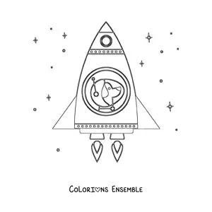 Image à colorier d'un chien spatial animé dans une fusée, dans l'espace