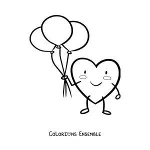Dessin à colorier d’un tendre cœur de dessin animé avec des ballons