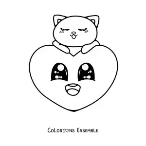 Dessin à colorier d’un joli cœur de dessin animé avec un chaton