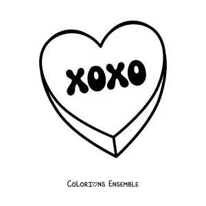 Dessin à colorier d’un bonbon en forme de cœur avec l’inscription xoxo