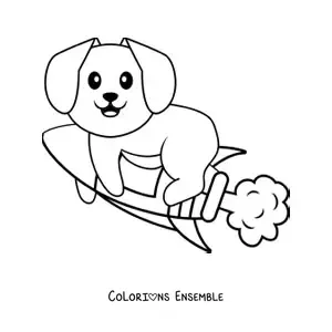 Image à colorier d'un chien animé sur une fusée en vol