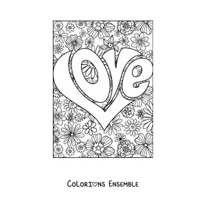 Dessin à colorier d’un cœur formé de lettres qui composent le mot love