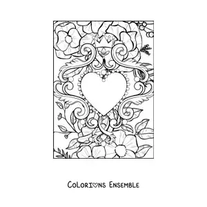 Dessin à colorier d’un cœur entouré de fleurs