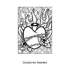 Dessin à colorier d’un cœur en flammes