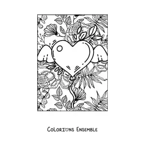 Dessin à colorier d’un cœur avec des ailes et des fleurs