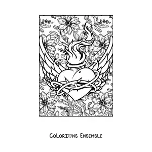 Dessin à colorier d’un cœur en flammes avec des ailes