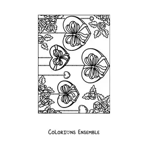 Dessin à colorier de cœurs suspendus décorés de fleurs