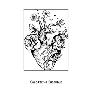 Dessin à colorier d’un cœur réaliste entouré de fleurs