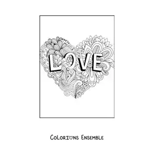 Dessin à colorier d’un mandala en forme de cœur avec des lettres qui composent le mot love