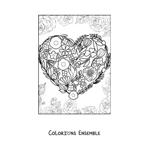 Dessin à colorier d’un cœur composé de fleurs