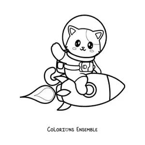 Image à colorier d'un chat animé en combinaison spatiale sur une fusée