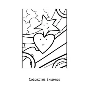 Image à colorier d'un cœur animé à côté d'une étoile