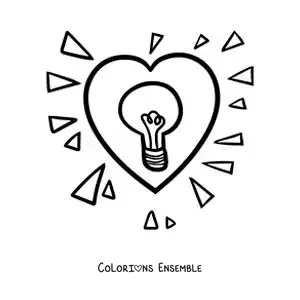 Image à colorier d'un grand cœur illuminé par une ampoule