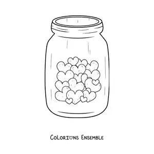 Image à colorier d'un bocal en verre rempli de petits cœurs