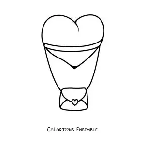 Image à colorier d'un ballon en forme de cœur attaché à une lettre d'amour