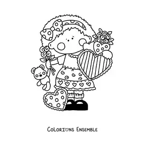 Image à colorier d'une fille avec des roses et des cœurs de la Saint-Valentin