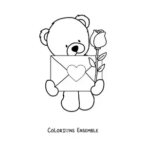Image à colorier d'un ours animé avec des roses et une lettre d'amour
