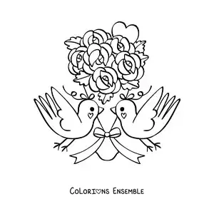 Image à colorier d'un joli bouquet de roses avec des oiseaux et un cœur