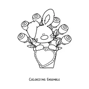 Image à colorier d'un tendre lapin animé avec un bouquet de roses et un cœur