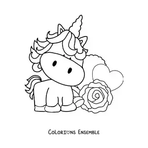 Image à colorier d'une jolie licorne animée avec une rose et un cœur
