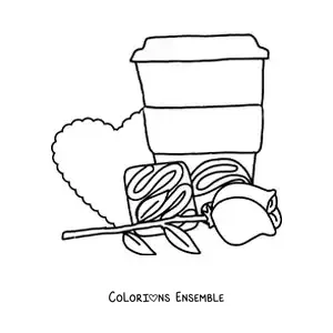 Image à colorier d'un gobelet de café avec des chocolats, une rose et un cœur