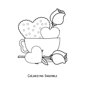 Image à colorier d'une tasse de café avec des cœurs et des roses
