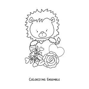 Image à colorier d'un lion animé avec des roses et des cœurs de la Saint-Valentin