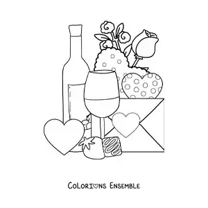 Image à colorier d'une bouteille de vin avec des cœurs, des roses et une lettre d'amour