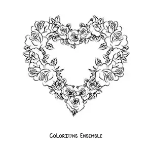 Image à colorier d'un arrangement de roses en forme de cœur