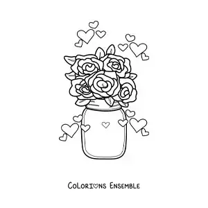 Image à colorier d'un bouquet de roses dans un vase avec des cœurs