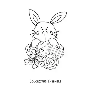 Image à colorier d'un mignon petit lapin animé avec des roses et des cœurs