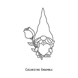 Image à colorier d'un gnome animé avec une rose et un cœur