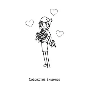 Image à colorier d'une fille avec un bouquet de roses et des cœurs tout autour d'elle