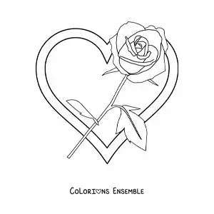 Image à colorier d'un grand cœur avec une rose
