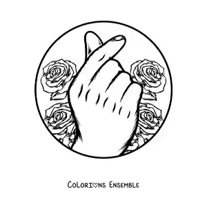 Image à colorier d'une main faisant le geste du cœur coréen avec des roses