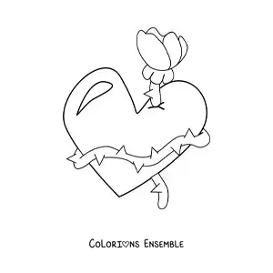 Image à colorier d'un cœur entouré d'une rose avec des épines
