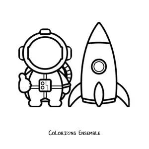 Image à colorier d'un astronaute animé à côté d'une fusée spatiale