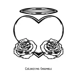 Image à colorier d'un grand cœur avec deux roses