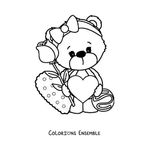 Image à colorier d'une ourse en peluche avec des cœurs et une rose