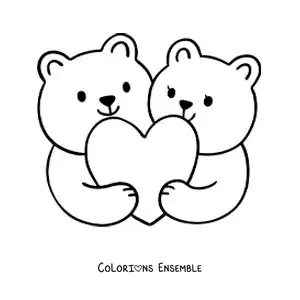 Image à colorier d'un couple d'ours étreignant un cœur